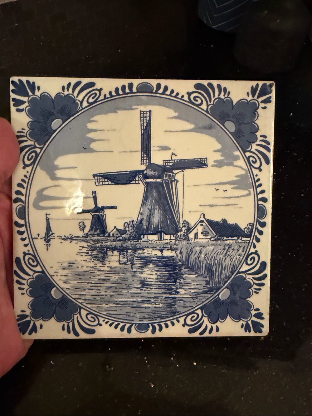 Vintage DELFT BLAUW TILE Hanging “Two Windmills"